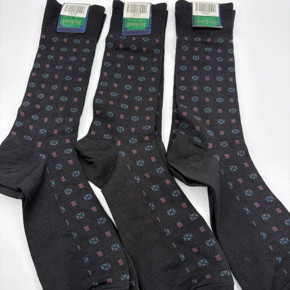 Byford Merino Wool Blend Dress Socks 3 Pair Lot Black Geometric Business Casual